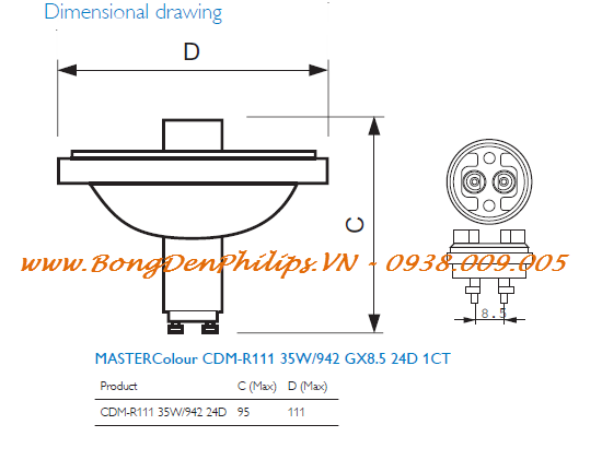 Bóng đèn cao áp Master CDM-R111 Philips 35W 830/942 Gx8.5 24D