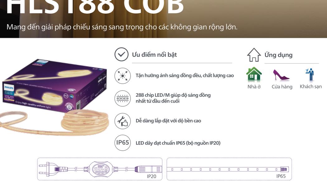 Đặc tính kỹ thuật và ưu điểm nổi bật Đèn Led Philips Dây HLS188 COB Cuộn 50M Trực Tiếp 220V trích từ Catalogue Philips 2026