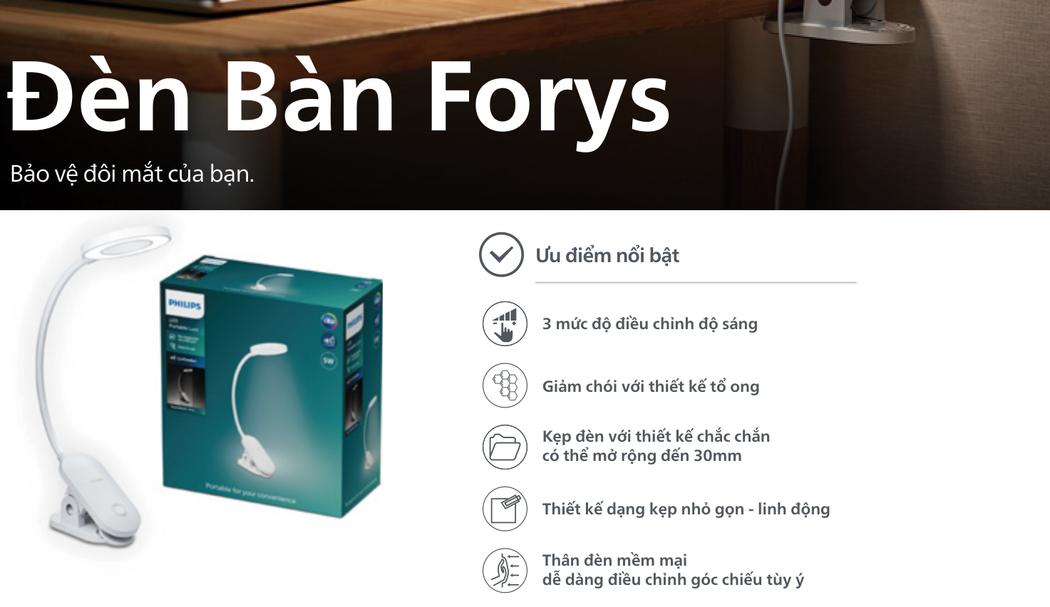Đặc tính kỹ thuật và ưu điểm nổi bật Đèn Led Philips Để Bàn Forys Đa Năng Tích Hợp Cảm Ứng trích từ Catalogue Philips 2026